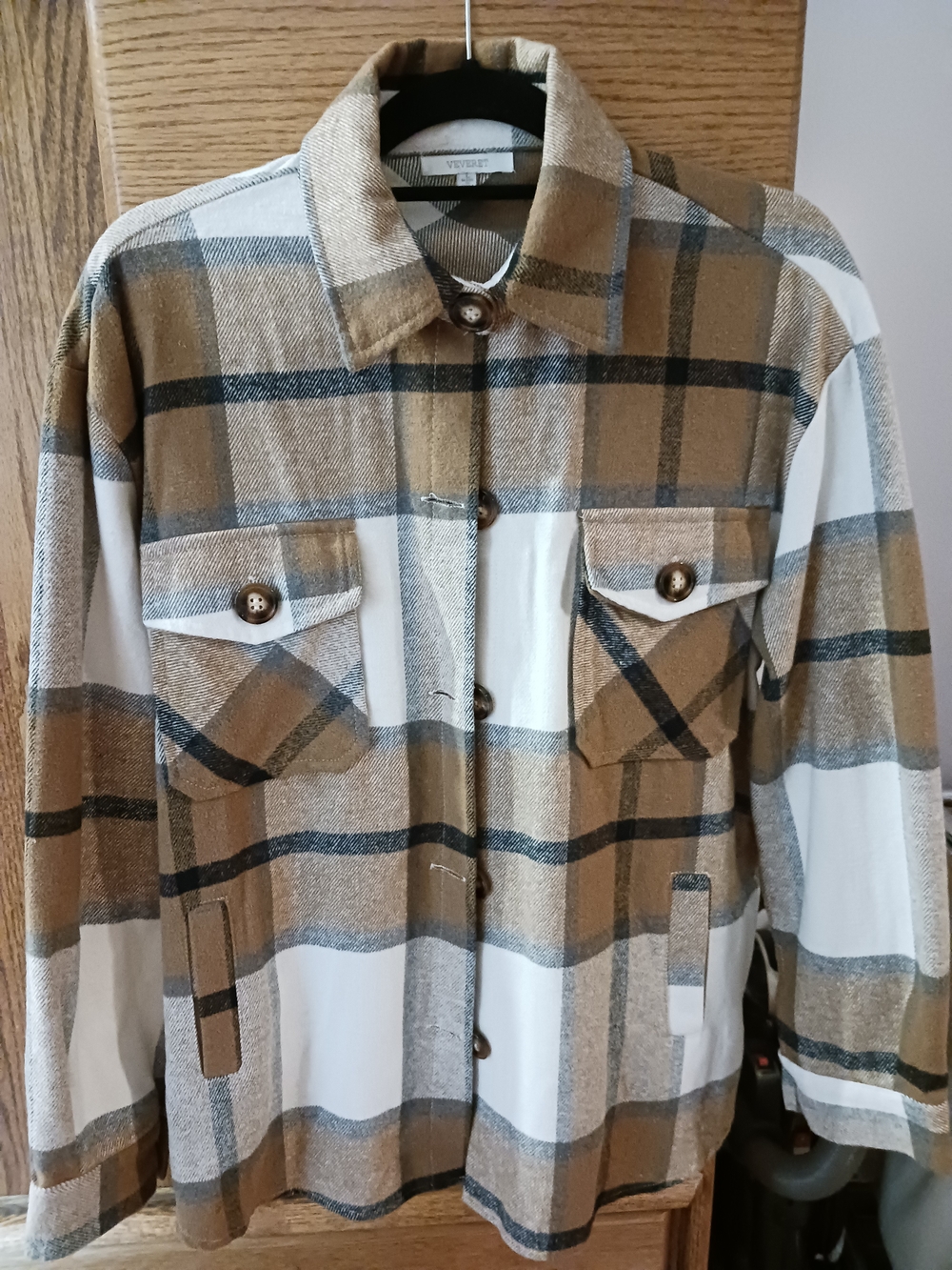 Plaid Button-Up Shacket - Tan & White